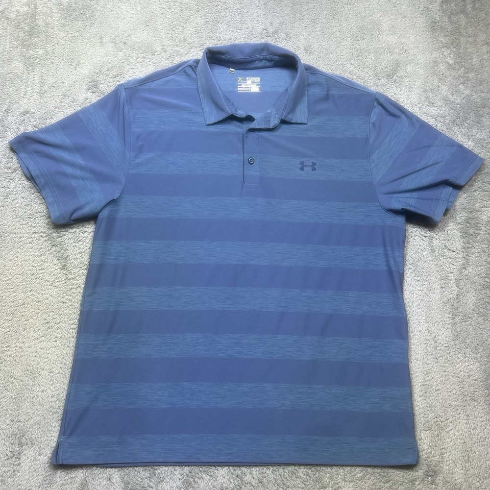 Under Armour Shirt Men's 2XL Blue Stripe Heat Gear Loose Short Sleeve Polo Golf